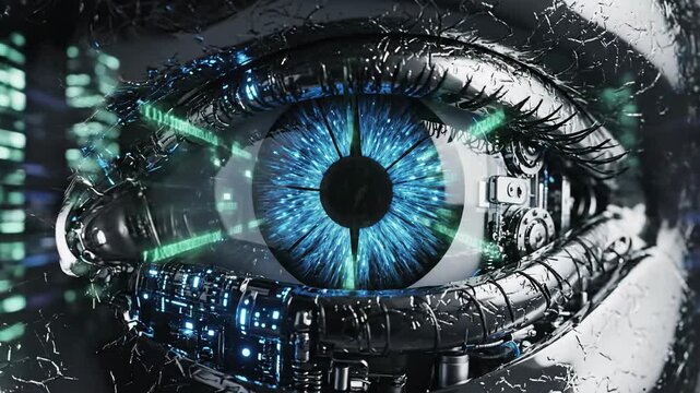 A robotic eye with a detailed metallic construction, futuristic iris, and glowing blue accents