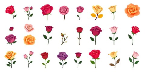 Elegant rose icon set, various styles & colors, perfect for websites & branding, symbol, decorative