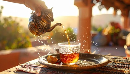 Golden Sunlight Pours Traditional Tea From Ornate Copper Pot Into Glass With Lemon Slice On Ornate Tray With Detailed Textile