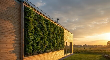 Obraz premium Modern wooden house with a living wall at sunset. A sustainable design