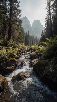 Majestic mountain peaks rise above a forest stream bordered by lush ferns and moss-covered rocks