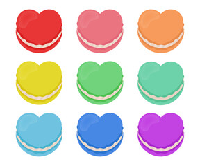 Heart-shaped macaron clip art set in nine vibrant colors. Perfect for Valentine&rsquo;s Day designs, bakery branding, packaging, stickers, greeting cards, and sweet romantic illustrations.