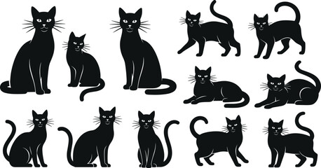 Black cat silhouettes set in multiple poses, cute feline collection illustration isolated on white background, minimalist pet design, animal icons, modern graphic style © Md