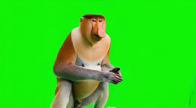 Captivating Proboscis monkey with its distinctive long nose on a vibrant green screen, ready for compositing
