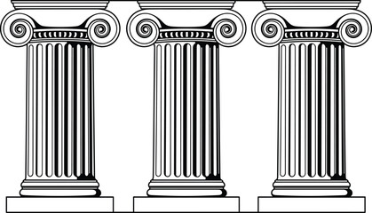 Classical Greek columns illustration set featuring Ionic pillars, ancient architecture elements in black and white line art style isolated on white background