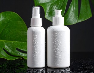 Two white cosmetic bottles, one with a spray nozzle and the other with a pump, sit before a lush green leaf on a black surface