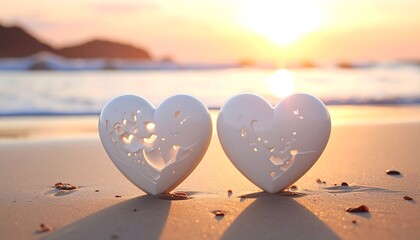 Two white heart-shaped objects stand on sandy shore, ocean waves gently caress the beach. Beautiful sunset casts a warm, golden glow