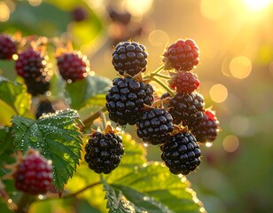 Close-up of ripe, glistening berries on a thorny bush, bathed in sunlight