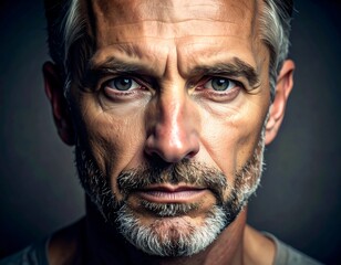 Close-up of a mature man's serious and intense facial expression