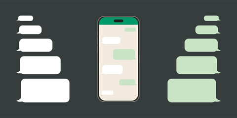 Chatting on a smartphone. Send or receive SMS using a mobile app. Speech bubble message displayed on a phone screen.