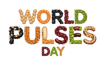 World Pulses Day text made of various beans and legumes a healthy food concept for nutrition and agriculture awareness