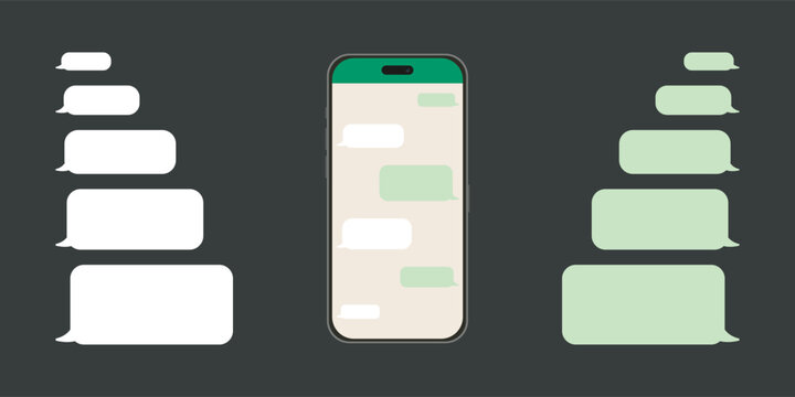 Chatting on a smartphone. Send or receive SMS using a mobile app. Speech bubble message displayed on a phone screen.