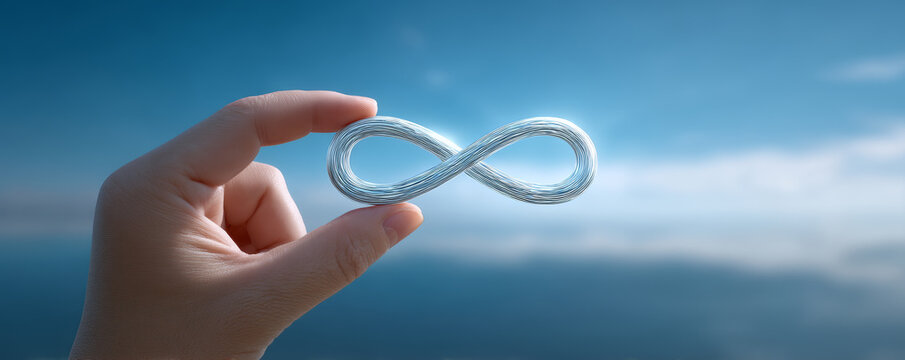 Infinity symbol steel wire human hand blue sky calm water minimal concept freedom future vision abstract shape coastal horizon Serene hand holding metal infinity symbol against blue sky and calm