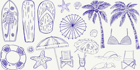 A collection of hand drawn beach themed illustrations in blue ink © Kabita