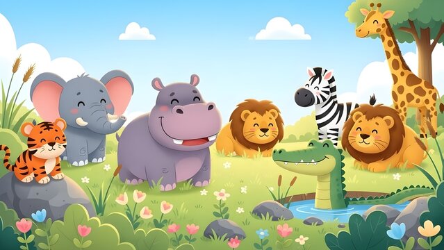 Conjunto de lindo vector animal.
 Vida salvaje amigable con tigre, hipop&oacute;tamo, cebra, elefante, cocodrilo en patr&oacute;n de garabato.
 Adorable animal divertido y muchos personajes dibujados a mano colecci