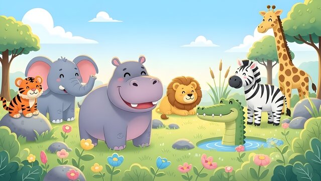 Conjunto de lindo vector animal.
 Vida salvaje amigable con tigre, hipop&oacute;tamo, cebra, elefante, cocodrilo en patr&oacute;n de garabato.
 Adorable animal divertido y muchos personajes dibujados a mano colecci