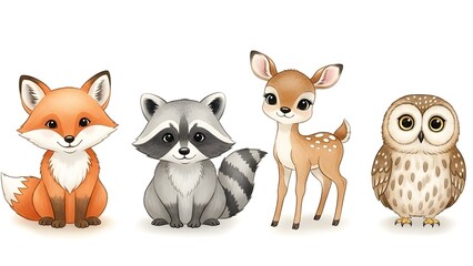 Fototapeta premium Conjunto de acuarela de dibujos animados del bosque aislado lindo bebé zorro, ciervo, mapache y búho animal con flores. Ilustración del bosque de vivero. Dibujo bohemio bohemio para póster infantil,