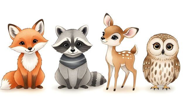 Conjunto de acuarela de dibujos animados del bosque aislado lindo beb&eacute; zorro, ciervo, mapache y b&uacute;ho animal con flores.
 Ilustraci&oacute;n del bosque de vivero.
 Dibujo bohemio bohemio para p&oacute;ster infantil,