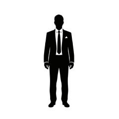 A silhouette of a man in a suit and tie facing forward