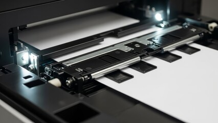 Professional flatbed scanner machine scanning multiple photographic slides and film negatives with LED lighting system in modern office environment