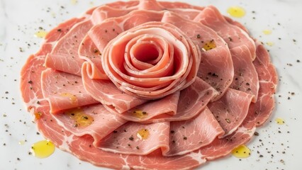 Prosciutto ham slices arranged in flower rose shape with black pepper olive oil drizzle on white plate appetizer presentation