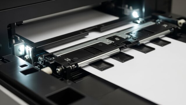 Professional flatbed scanner machine scanning multiple photographic slides and film negatives with LED lighting system in modern office environment