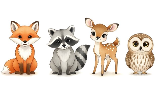 Conjunto de acuarela de dibujos animados del bosque aislado lindo beb&eacute; zorro, ciervo, mapache y b&uacute;ho animal con flores.
 Ilustraci&oacute;n del bosque de vivero.
 Dibujo bohemio bohemio para p&oacute;ster infantil,