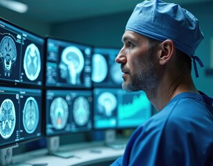 Doctor looks at brain scans on computer monitors in futuristic hospital. Medical expert analyzes patient data in clinic, using advanced tech for diagnosis.