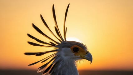Secretary Bird Portrait with Dramatic Feather Crest Display Against Golden Sunset Sky in African Savanna Wildlife Photography