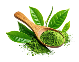 Spoon, green powder, and tea leaves