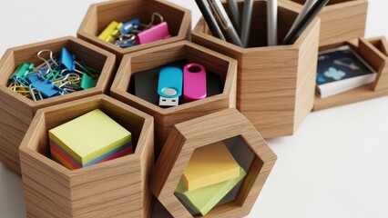 Wooden hexagonal desk organizer compartments filled with colorful office supplies USB drives sticky notes and paper clips on white background