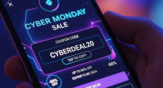 Smartphone displaying cyber monday sale with coupon code and discounts - Powered by Adobe