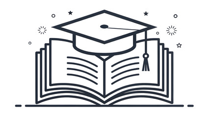 Graduation cap on open book with stars and sparks