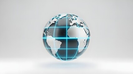 Shimmering 3D rendered metallic globe with luminous blue grid lines, representing global digital connectivity, advanced technology, and international communication networks