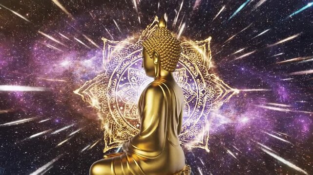 A serene gold statue of enlightenment against a backdrop of cosmic dust and energy beams