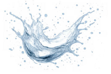 Water splash creating a dynamic, abstract shape with fast-moving droplets and a fluid motion, isolated on a transparent background