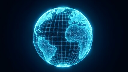 Vibrant blue holographic Earth sphere with intricate grid lines, symbolizing global digital communication and technological advancement in a modern world