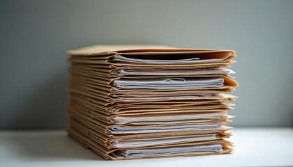 Stack of manila folders filled with papers sits on desk. Documents are neatly organized in office setting. These files contain important data for business or legal use.