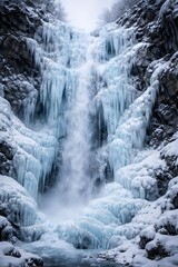 Obraz premium Frozen Waterfall in a Snowy Landscape Captured from a Front View