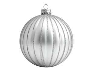 A shiny silver bauble with glittery stripes on black