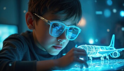 Young boy wearing glasses studies digital airplane model. Child is focused on tech project, exploring future aviation. He interacts with bright holographic display.