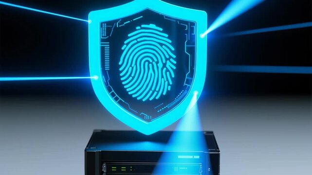 Secure shield with fingerprint hovering above server zero trust security cloud data protection network system vpn connection technology smart business ai futuristic authentication biometric