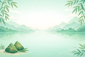 Dragon boat festival zongzi landscape with mountains and lake serene green background