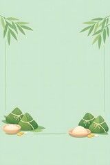 Duanwu festival green frame template zongzi sticky rice dumplings dessert food vector illustration banner
