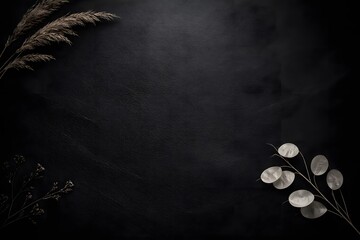 Elegant honesty plant and pampas grass arrangement on black leather texture background