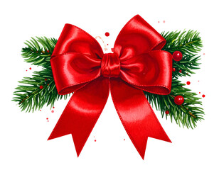 Red satin bow adorns pine branches with red berry accents