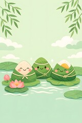 Three cute zongzi friends on lotus leaves dragon boat festival celebration asian food