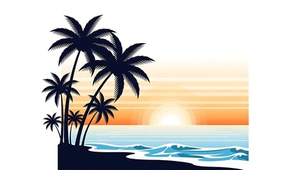 Tropical Beach Scene with Palm Trees at Sunset.