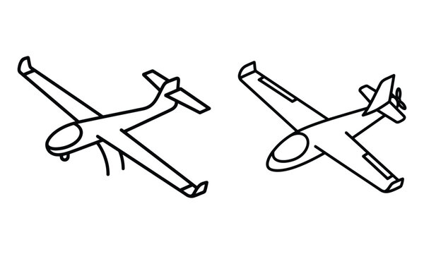 Simple isometric line art icons of fixed-wing drones with different configurations for a drone technology icons set