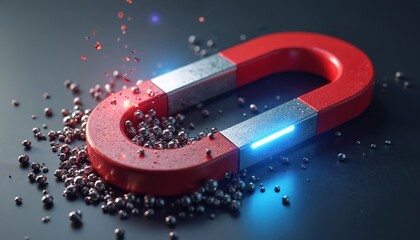 Red horseshoe magnet attracts small metal balls. Magnetic field generates attraction force. Powerful science experiment, physics attraction.